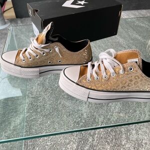Converse  Lift Leopard Print Athletic Shoes - Gold and White platforms